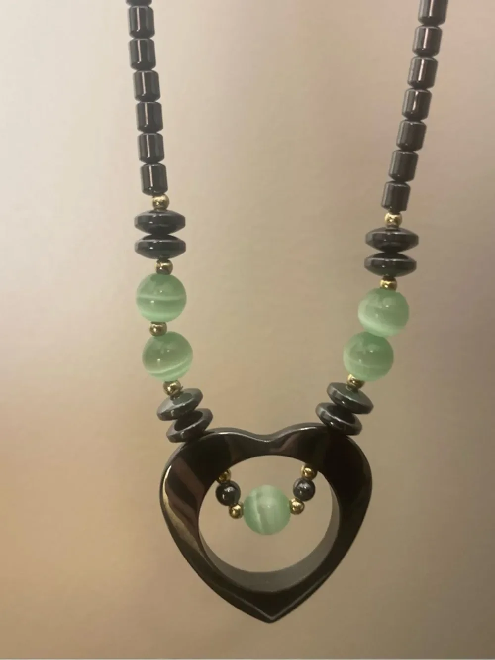 Heart Pendant Necklace - Hematite and Cat Eye Beads